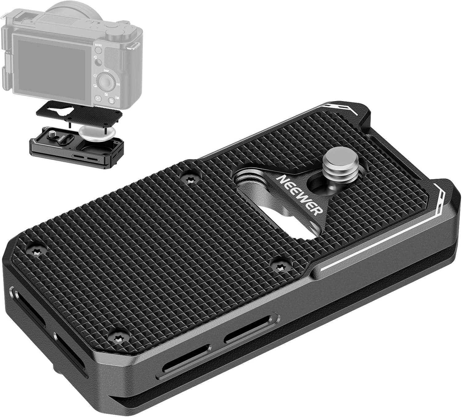 NEEWER Quick Release Plate Compatible with AirTag, Metal Camera Tripod Mount Quick Attach Holder Adapter Baseplate with Arca Type Base & 1/4" Screw for DSLR Camcorder Tripod Monopod Slider, QRP-11