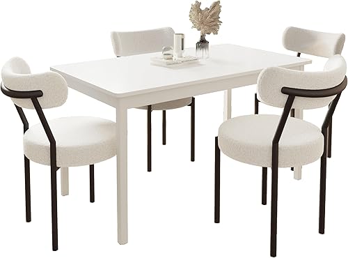 Miniatura 7 de Juego de 5 mesas de comedor rectangulares modernas de interior para 4, mesa de madera maciza y 4 sillas Boucle para cocina, bar, sala de estar,