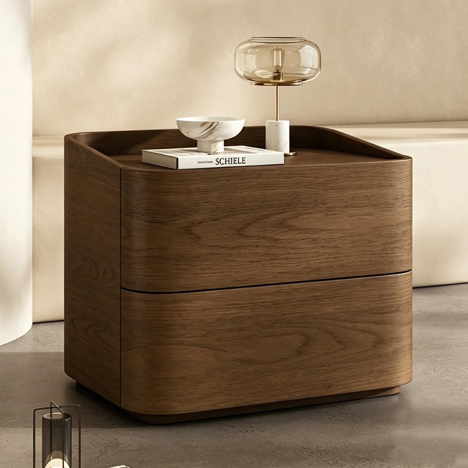 Zoueiiaa Night Stand,Wide Nightstands, Handleless 2 Drawer Nightstand, Wooden End Table, Modern Bedside Table for Bedroom, Rounded Corners(Brown,50cm)