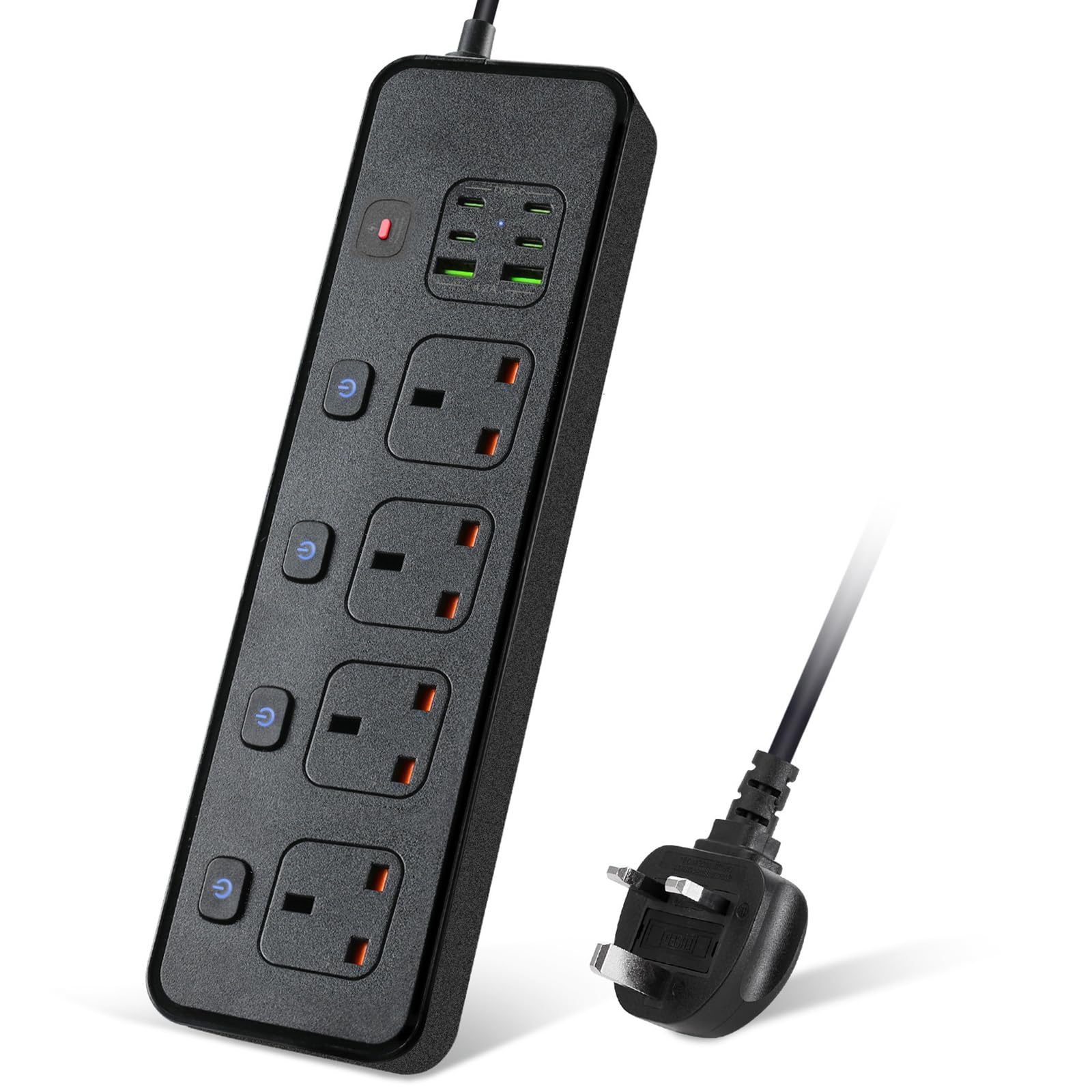Extension Lead with USB Slots, 4 Way Sockets Outlets with 4 USB-C Ports and 2 USB Ports, 3250W Individual Switches 1.8M Extension Cable with Protected Power Strips, UK Multi Plug Adapter (Black)