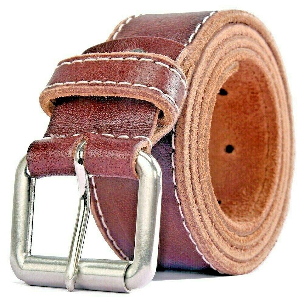 KERTZ Mens Belt Full Grain 100% 3.5mm thick Genuine Leather with single prong solid roller buckle-For Jeans,trousers,denims (42-44, Dark Tan)