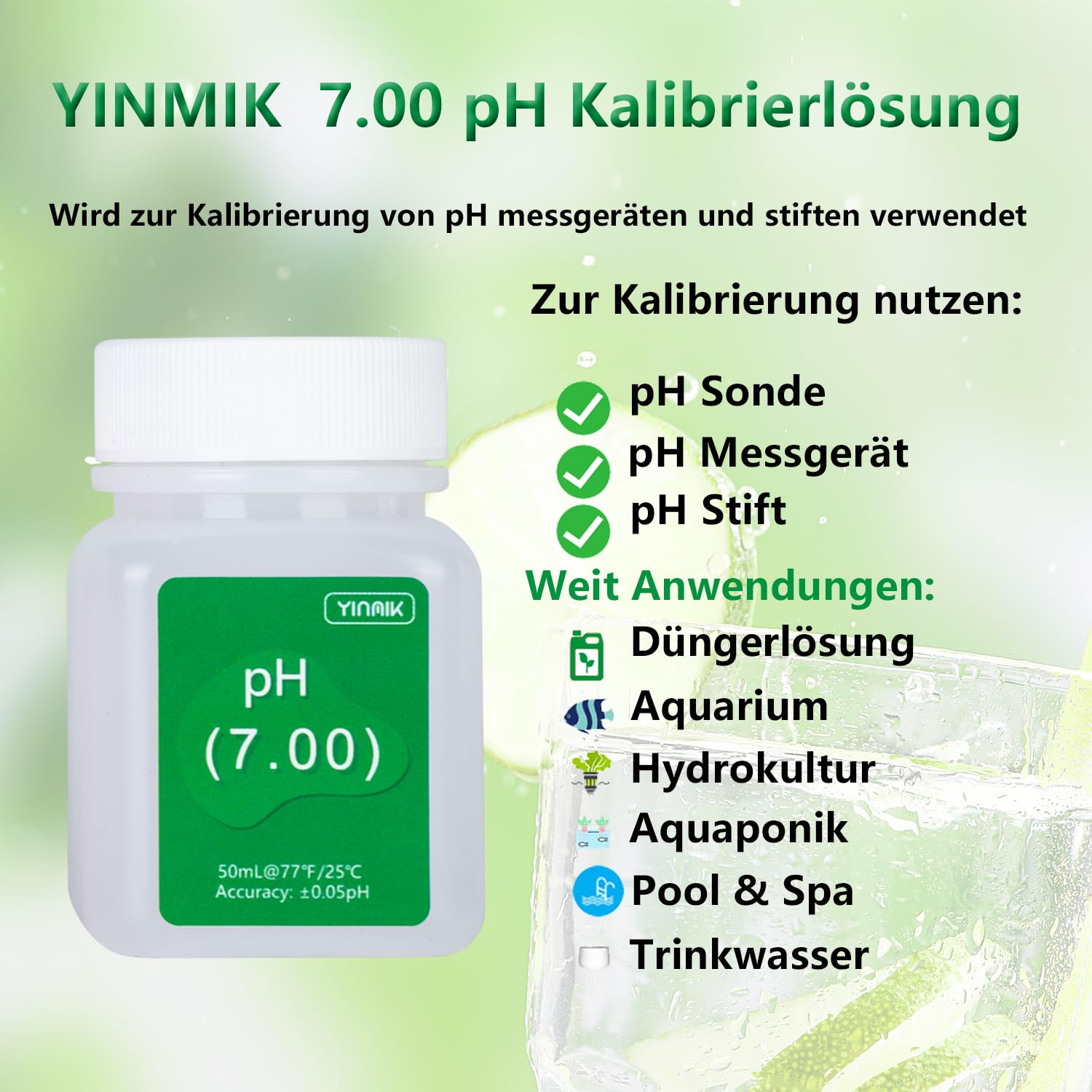 YINMIK pH Messgerät Kalibrierung Slösungs Kit (4.00, 7.00 und 10.01) mit pH Schutzlösungs Set, 3 Flaschen 50 ml pH Kalibrierung Spufferlösung und 2 Flaschen 10 ml KCL pH Sondenlösung für pH Messgerät