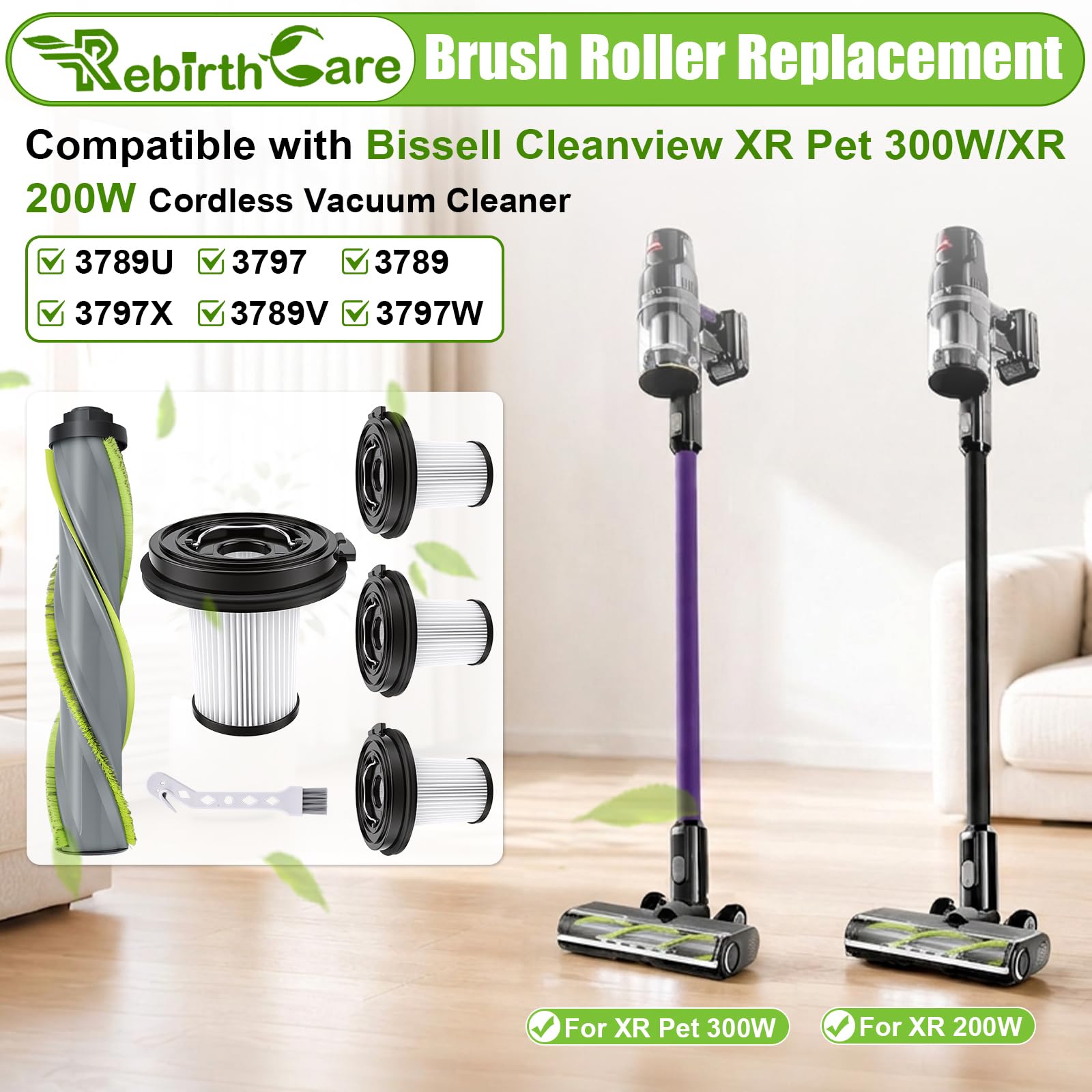 Parti di ricambio compatibili per Bissell CleanView XR Pet 200W / CleanView XR Pet 300w, 1 rotolo di spazzole, 4 filtri