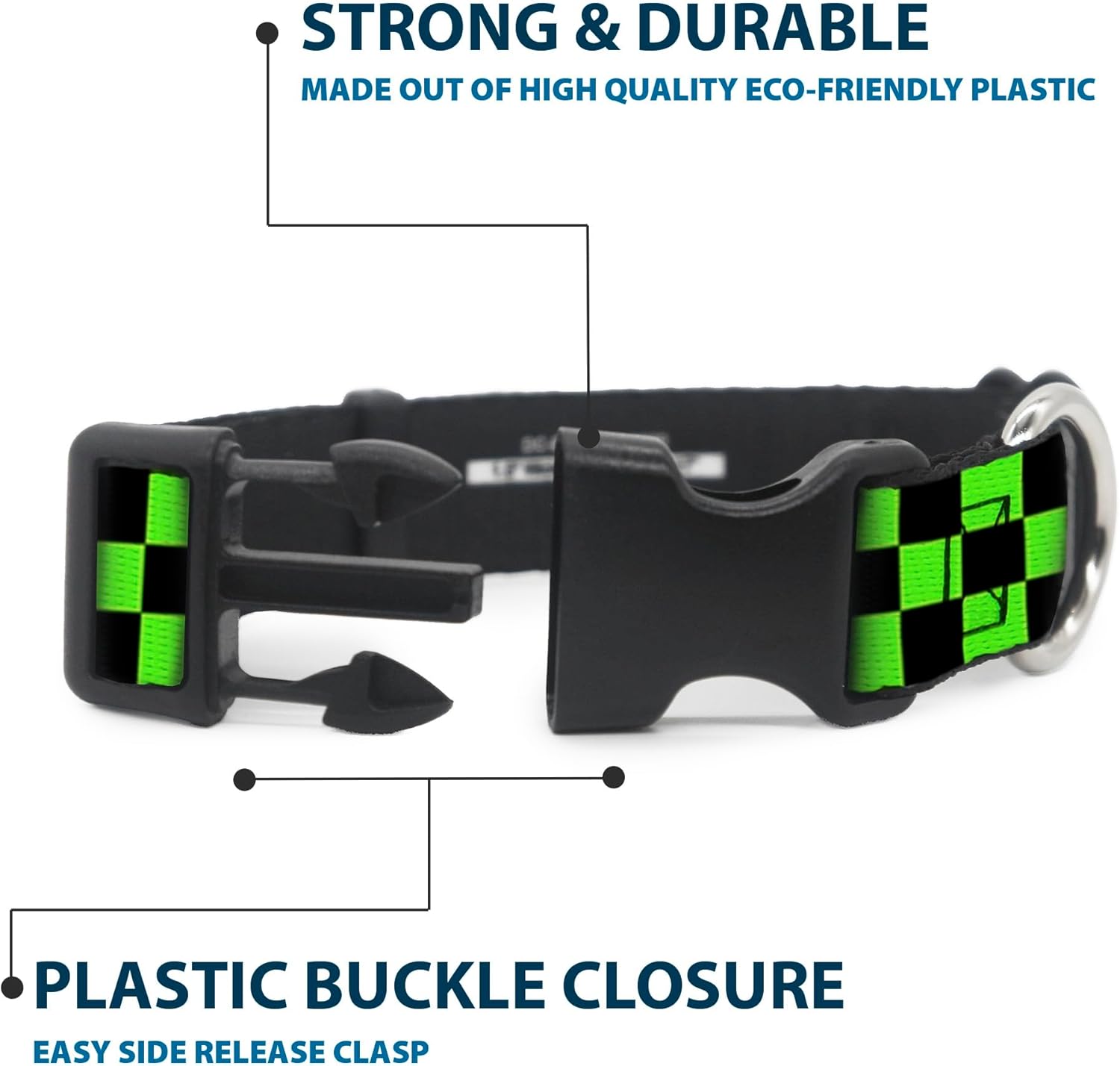 Buckle-Down Plastic Clip Collar - Checker Black/Neon Green - 1.5" Wide - Fits 18-32" Neck - Large
