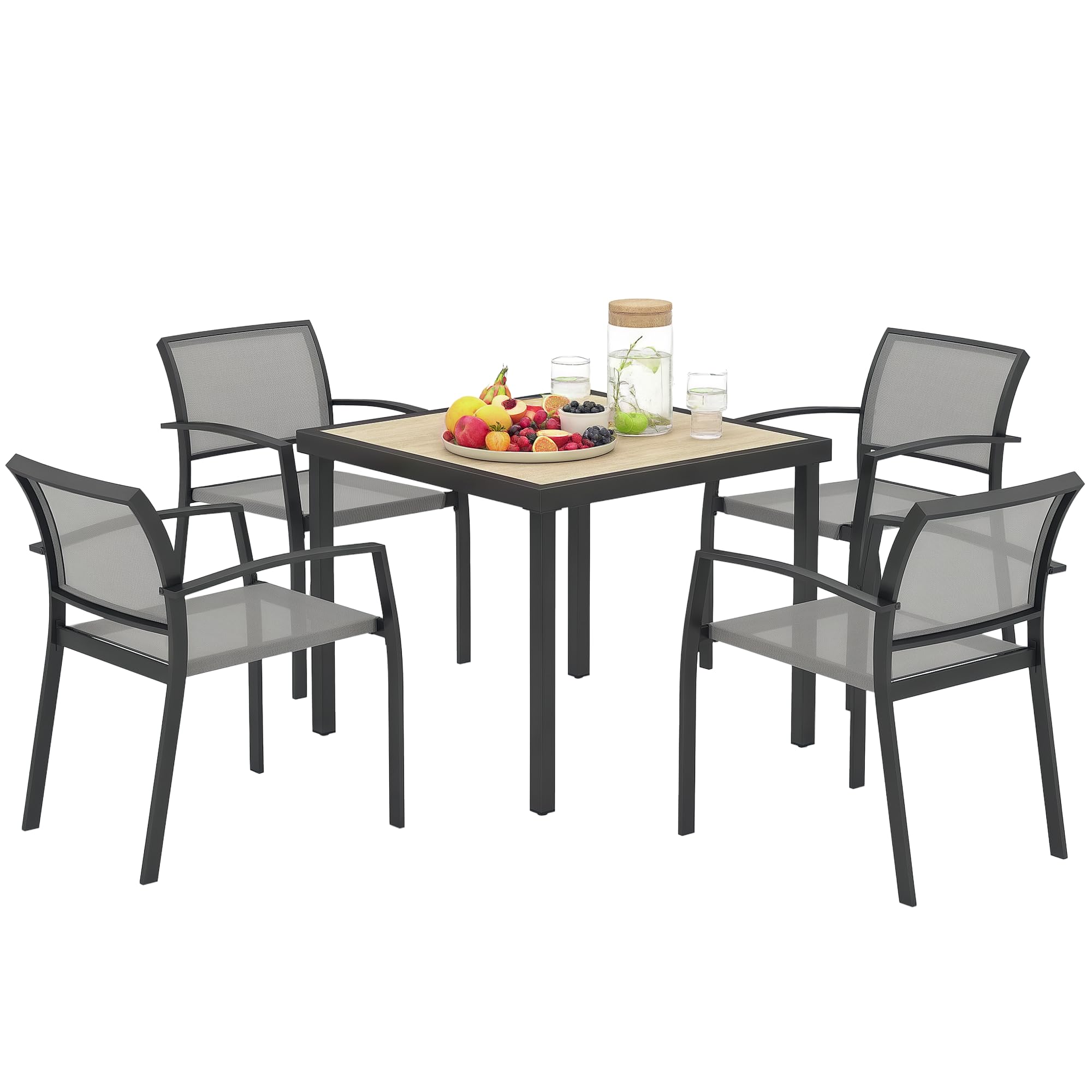 Outsunny 5 Piece Garden Furniture Set - Grey - 4 Stackable Armchairs with Texteline Fabric - Wood Effect Table
