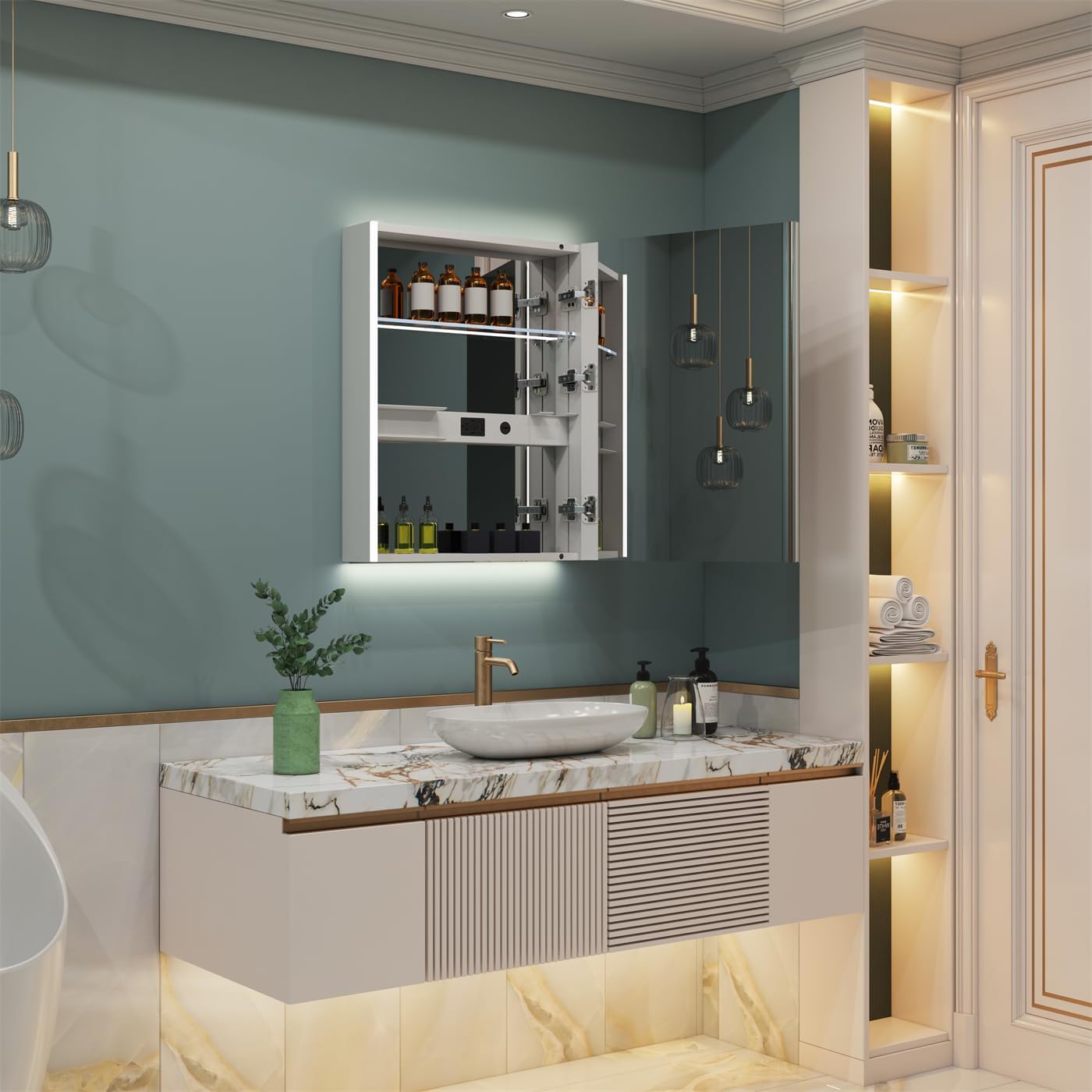 WELLFOR 20" x 30" LED Mirrored Bathroom Cabinet, Mirror Medicine Cabinet with Lights, Defogging LED Mirror Cabinet with Outlets & USB Ports, Surface Mounted, Right Opening Door, Hardwired Connected