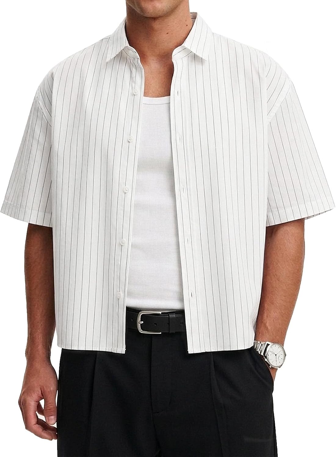 HAWILAND Men's Cropped Button Up Shirt Oversized Striped Short Sleeve Casual Summer Streetwear Boxy Tees