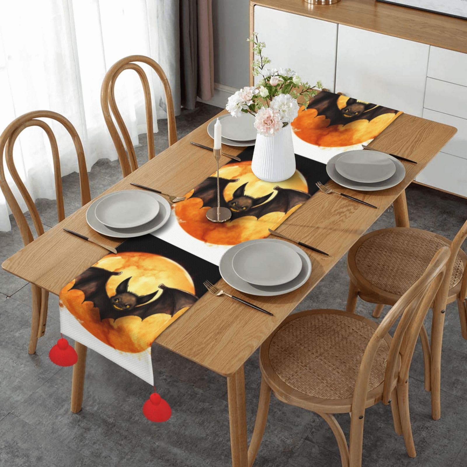 Chemin de table Halloween lin imprimé chauve-souris anti-tache pour salle à manger