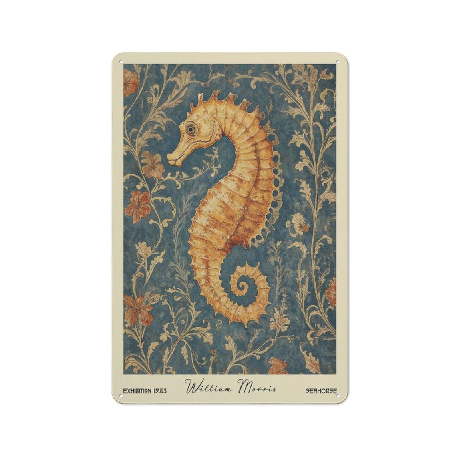 Junmoney Style-22 William Morris Seahorse Nautical Vintage Printed Metal Sign 30X20cm For Café Or Home Bar, New Home Wall Decor For Hospitality Decor Collectors