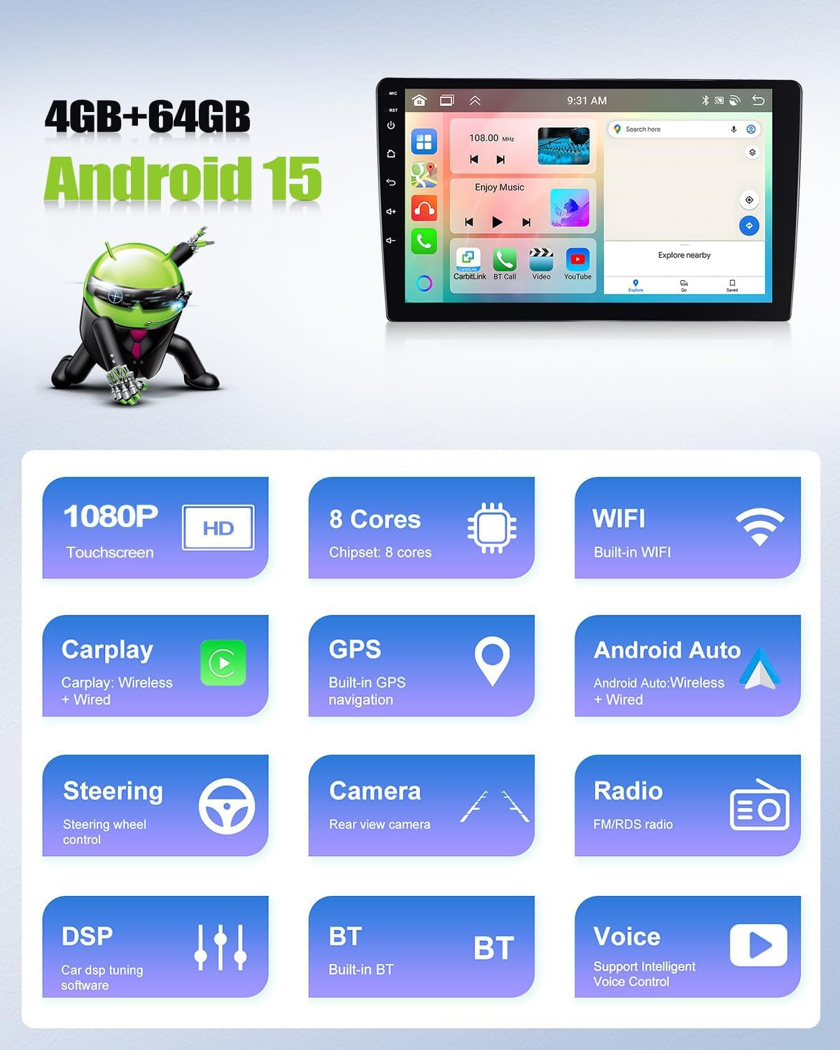 CAMECHO 8-Core 4+64G Android 15 Carplay Autoradio para Audi A3 S3 RS3 8P 8V 2008-2012, DSP Carplay, Pantalla Táctil de 7" Radio Bluetooth para Coche con Android Auto WiFi GPS FM/RDS 32EQ Mirror Link