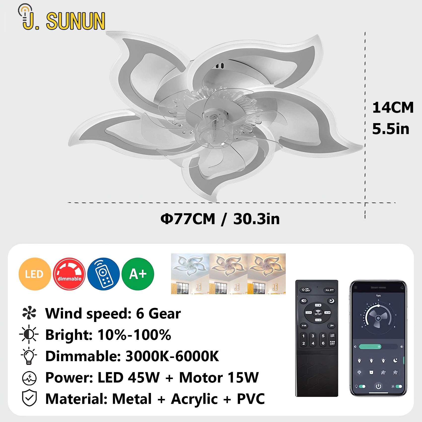 Ventilatore da Soffitto con Luce telecomando Dimmerabile LED Plafoniera Lampadario con Ventilatore 6 Velocità/Reversibili Per Soggiorno Camera da letto Ristorante Cucina(White,5 lights)