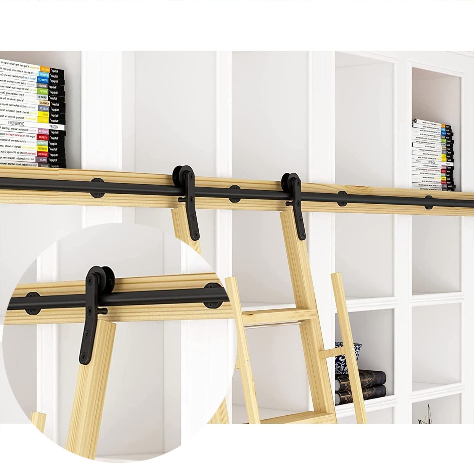 Kit échelle de bibliothèque coulissement silencieux avec roulettes et rail en tube rond acier