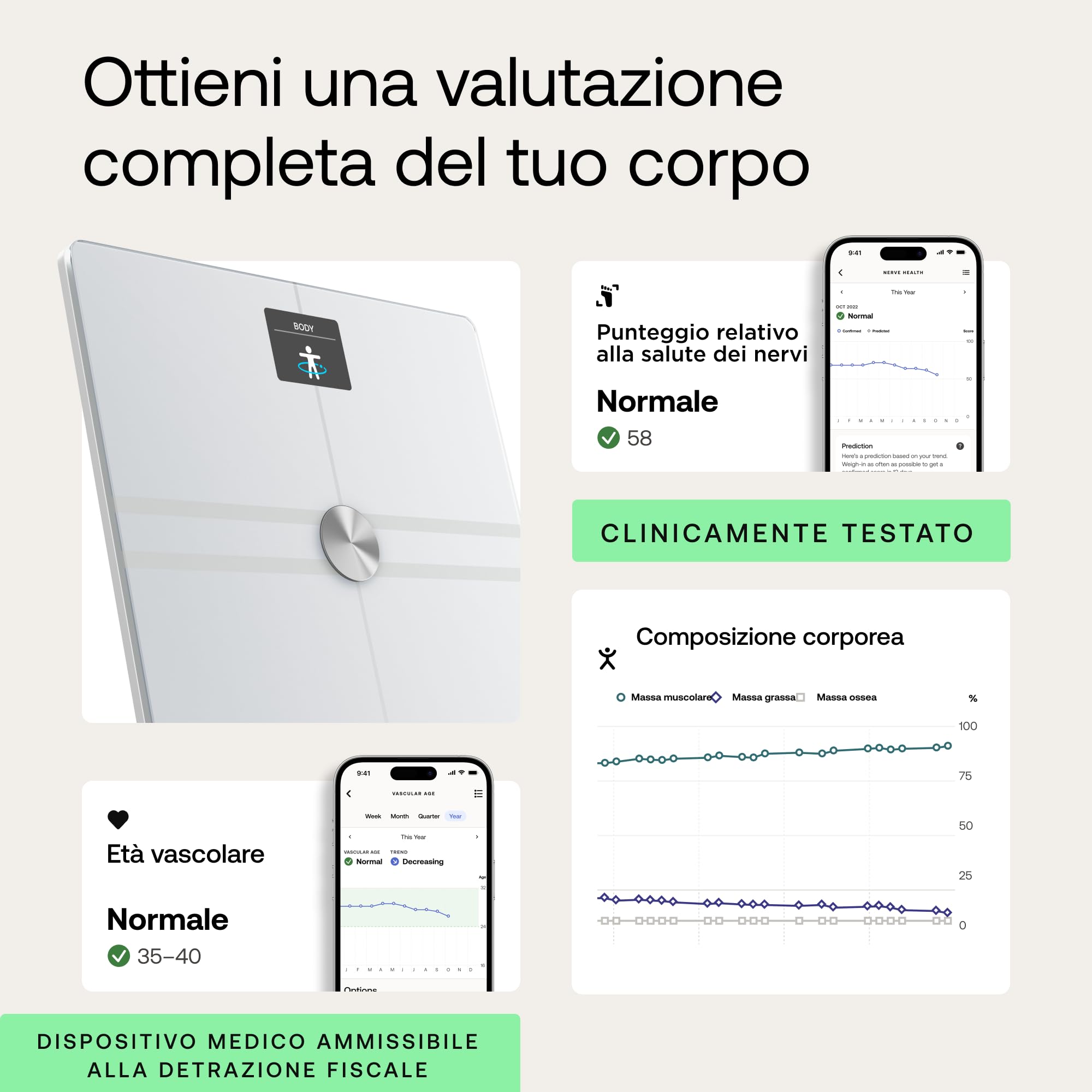 WITHINGS Body Comp - Bilancia pesapersone digitale WiFi con analisi corporea completa: peso, grasso corporeo, grasso muscolare, acqua e tracciamento cardiovascolare, Bilancia impedenziometrica, bianco