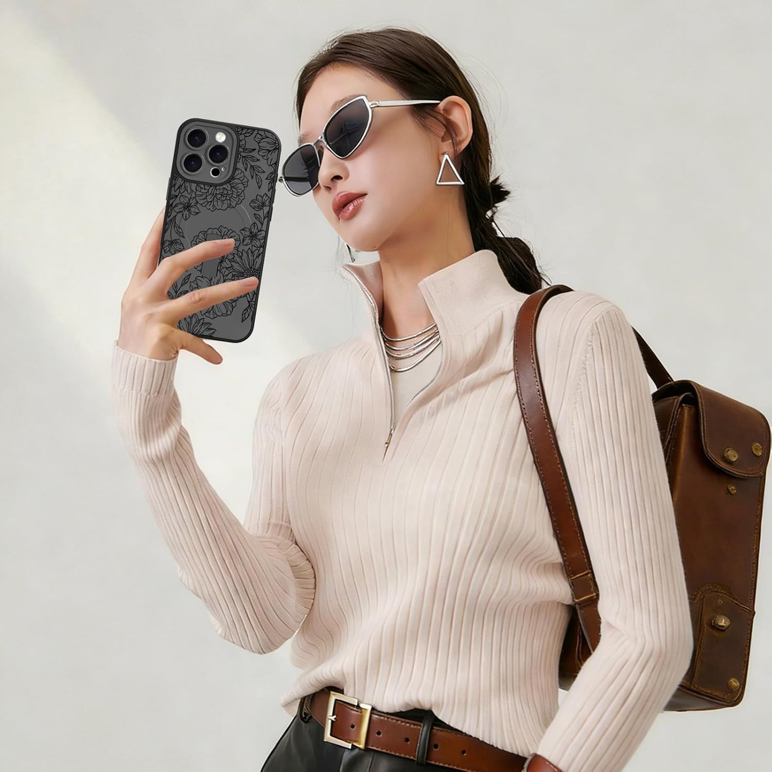 Designed for iPhone 16 Pro Max Black Line Peony Floral Pattern Case [Compatible with Magsafe] with Finger Strap Kickstand Shockproof Anti Drop Camera Protective for Girls Women