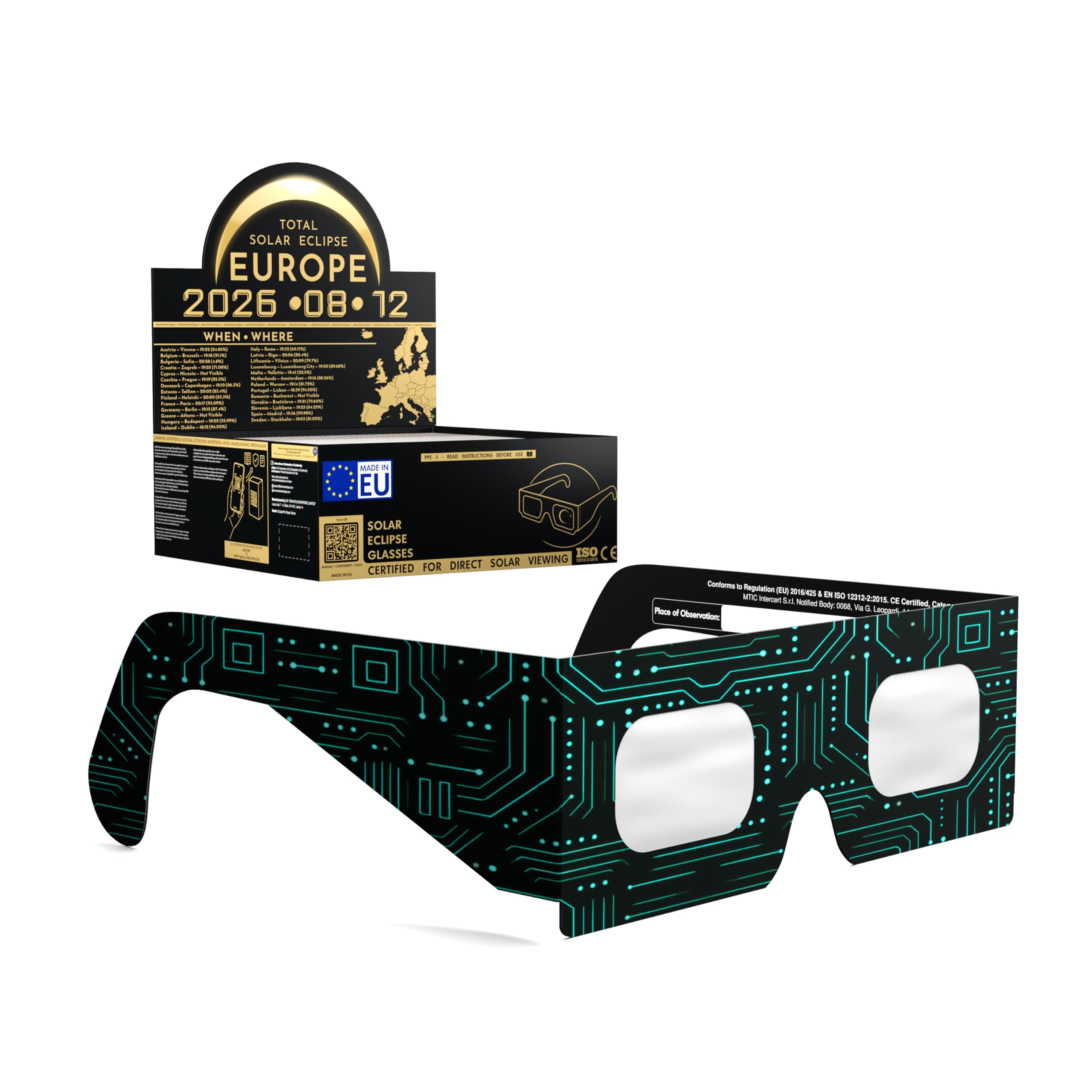 Solar Eclipse Glasses ISO 12312-2 CE Certified | Safe Solar Viewing Glasses UK | Paper Cardboard Frame | Total Solar Eclipse August 2026 | Made in EU | 50 Pack | Voltage โ image 1