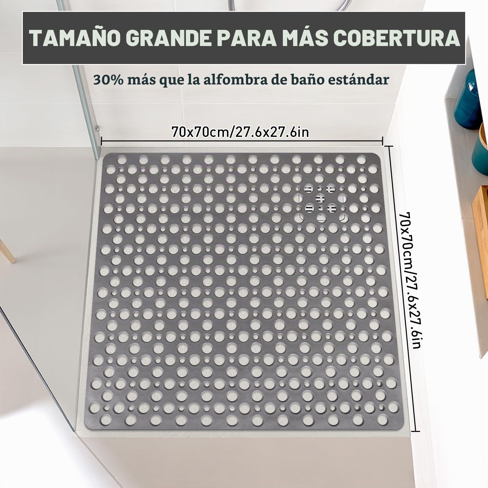 Alfombrilla de ducha cuadrada antideslizante, antideslizante, 70 x 70 cm, alfombrilla de ducha grande para plato de ducha interior, alfombrilla de goma suave antideslizante para baño, suelo húmedo