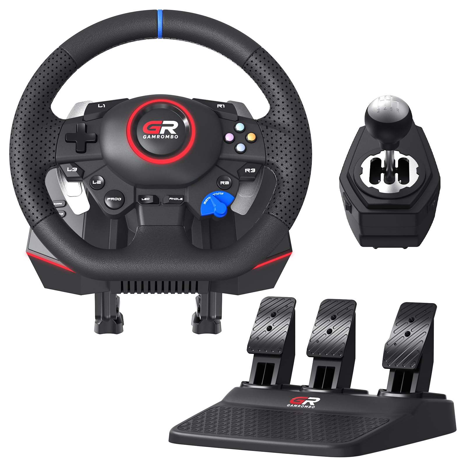 Gamrombo Set di ruote da corsa da 11 pollici per PS5/PS4/PC | con pelle cucita a mano, rotazione di 270°/900°, doppia vibrazione, RGB, Prog Remap, pedale e cambio
