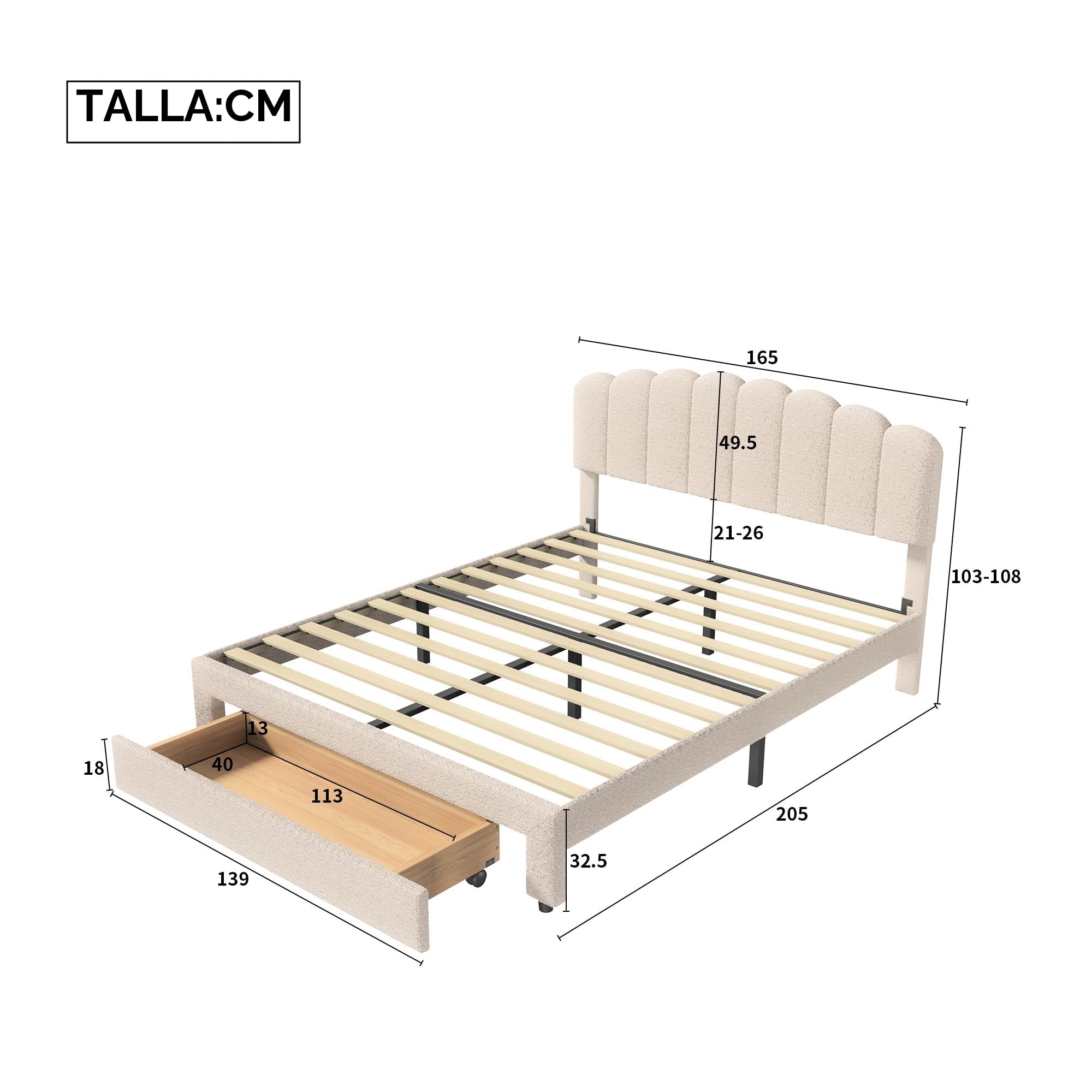 Cama de matrimonio 160 x 200 cm con cajón de madera acolchada con cabecero acolchado