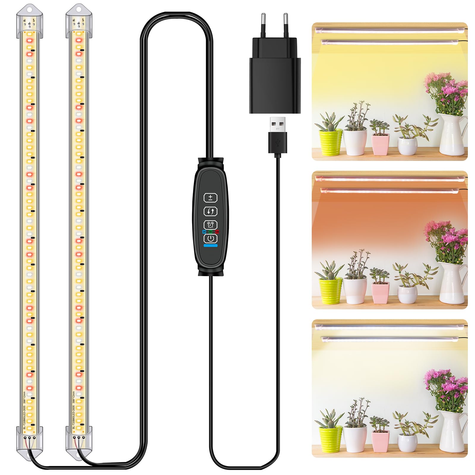 2 Barras de Luz para Cultivo de Plantas, Lámpara de Luz Solar de Espectro Completo con Temporizador 3/9/12H, 10 Niveles Regulables para Suculentas, Estante para Plantas, Bajo Armario