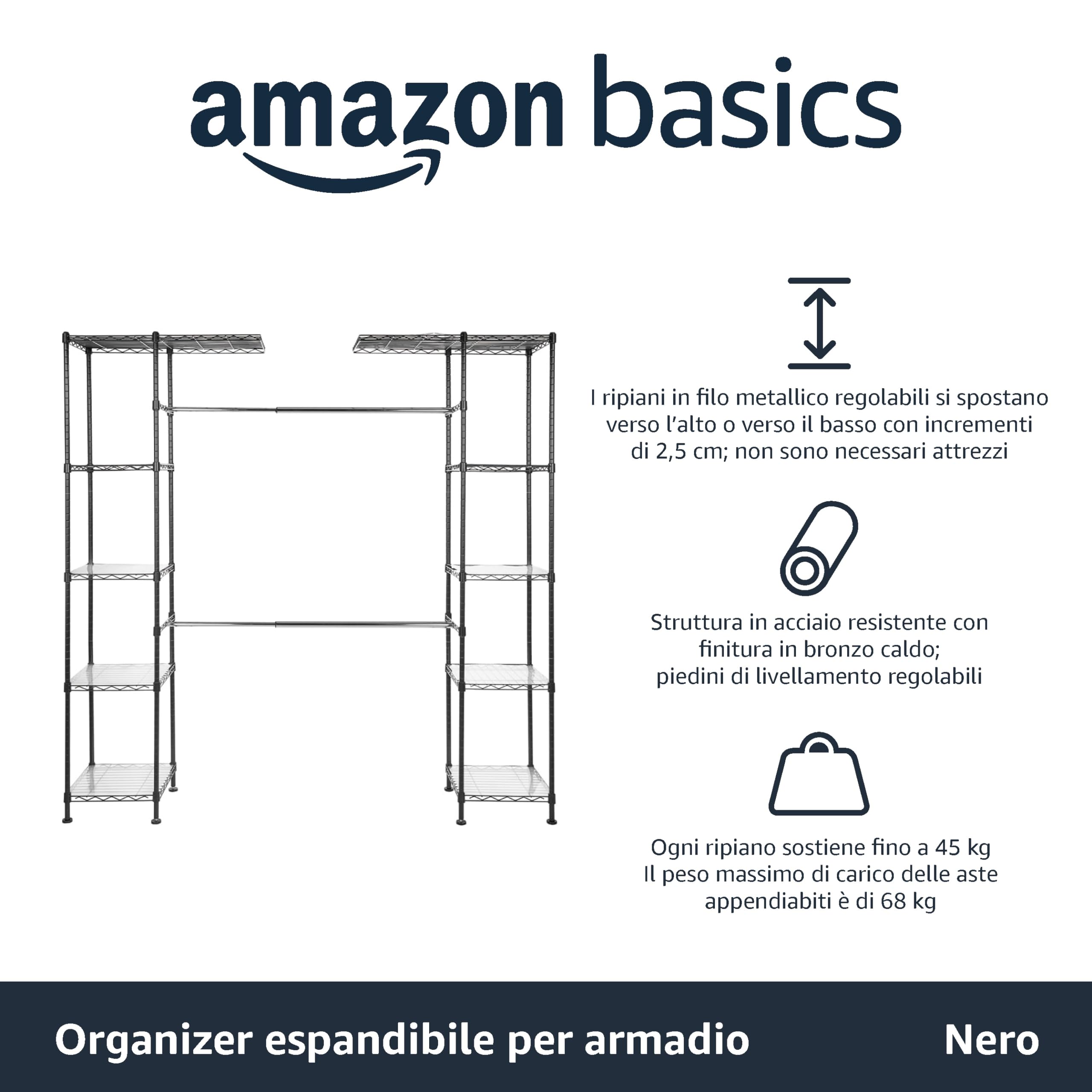 Amazon Basics Sistema organizer espandibile per armadio - Nero, 144.8 - 203.2 x 35.6 x 182.9 cm