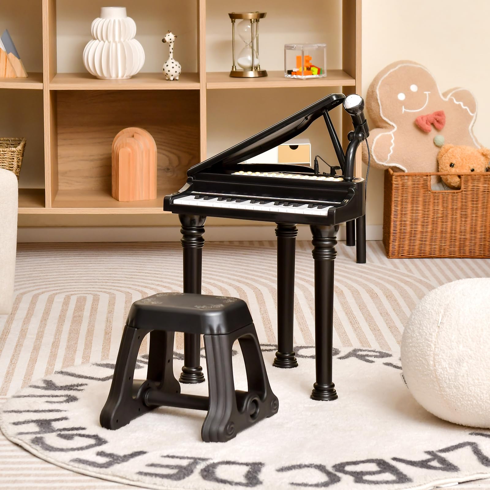 GOPLUS Piano Infantil de 31 Teclas, Piano Electrónico para Niños con Taburete, Micrófono y 3 Modos de Aprendizaje, Juguete Musical, Niños (Negro)