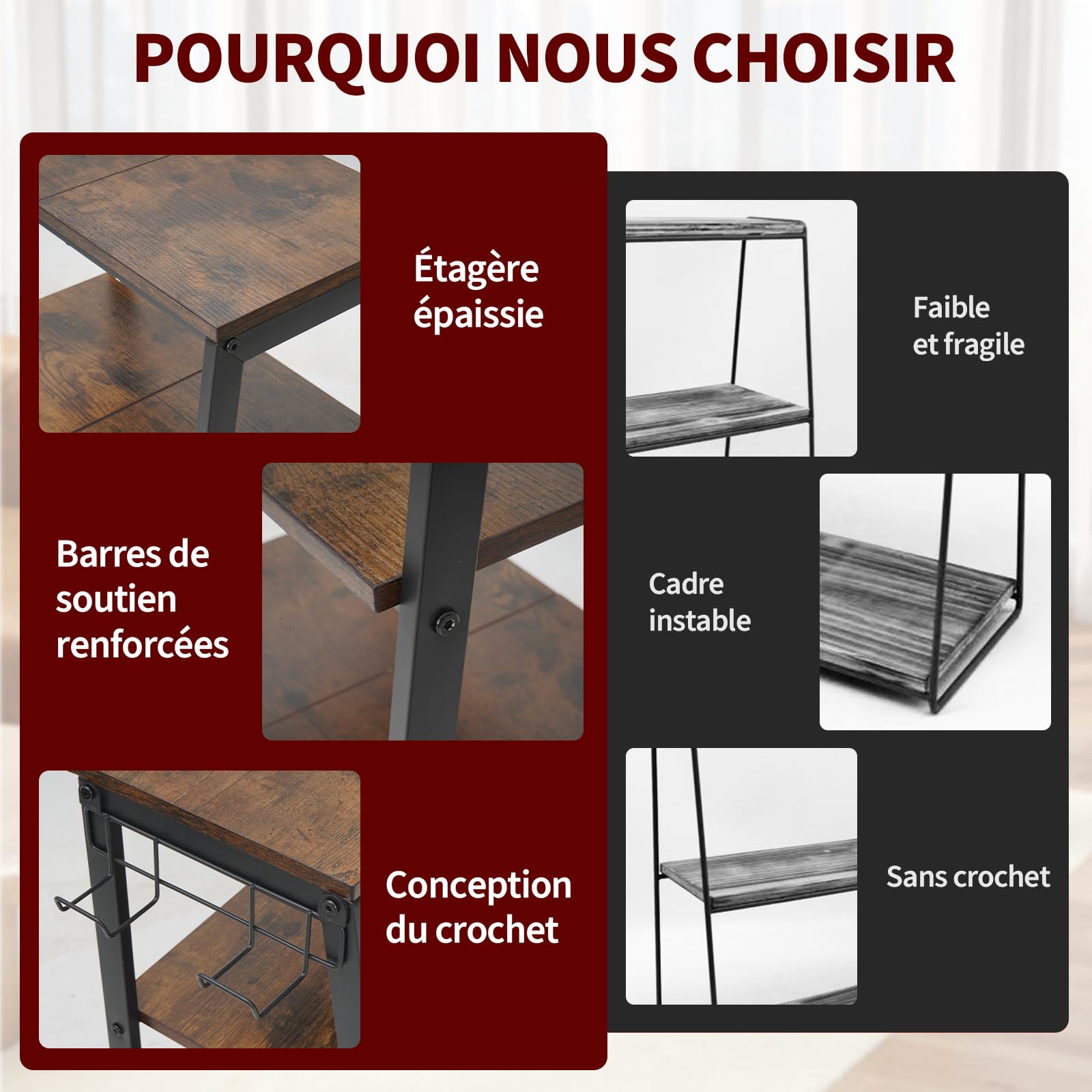 bimiti Meuble HiFi Bois à 4 Etagères Support pour Platine Vinyle avec Crochet pour Casque Audio,Platine Vinyle,Tourne Disque,TV Stéréo,Lecteur DVD Étagère Multimédia en Bois pour la Maison, Bureau