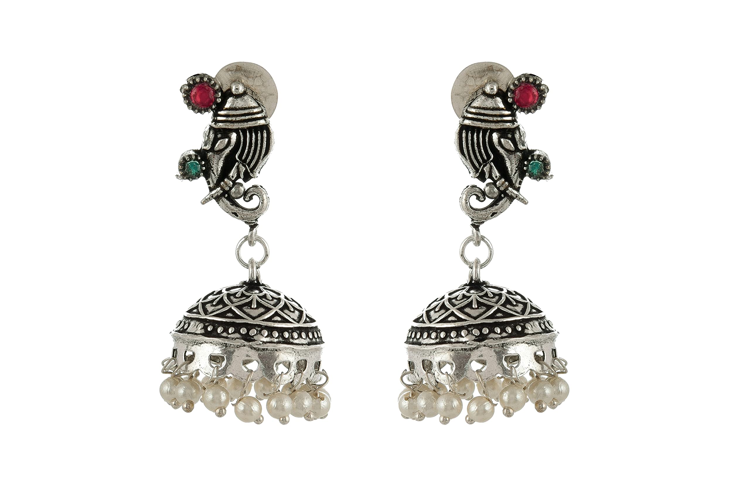 Oxidized Elephant Theme Rakhi Necklace Set Red & Green Stone Earrings