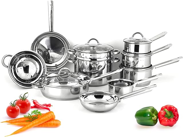 Cookware Set - 15 Piece, Non-Stick Kitchen Cookware Set | Superior Stainless Steel, Non Stick Pots and Pans Set, Dishwasher Safe, Oven/Induction Safe
