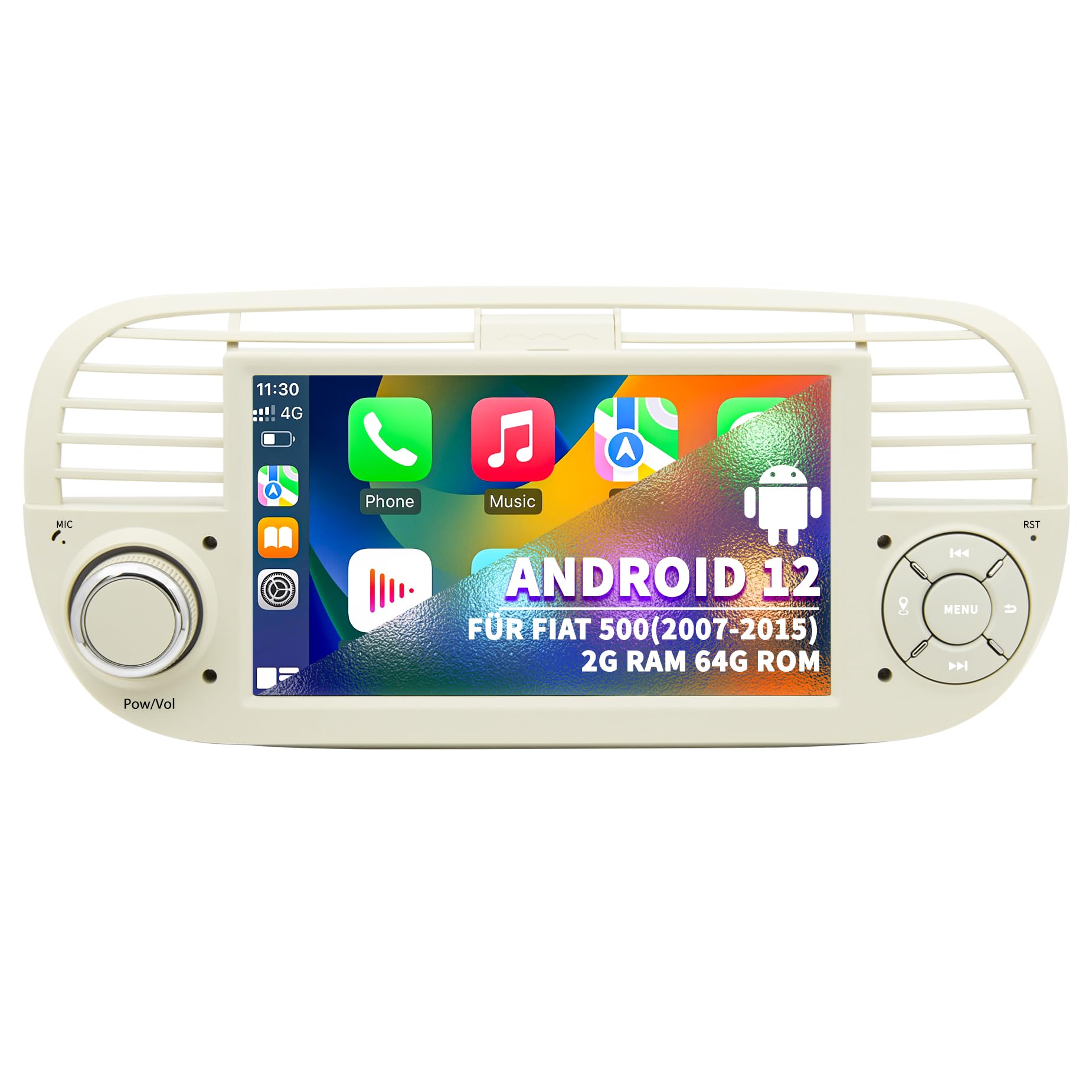 Radio de Coche para FIAT 500 2007-2015, Sistema Android 12, 2G 64G con GPS, Navi, CarPlay, Android Auto, Pantalla táctil IPS de 7 Pulgadas, WiFi, Bluetooth, FM