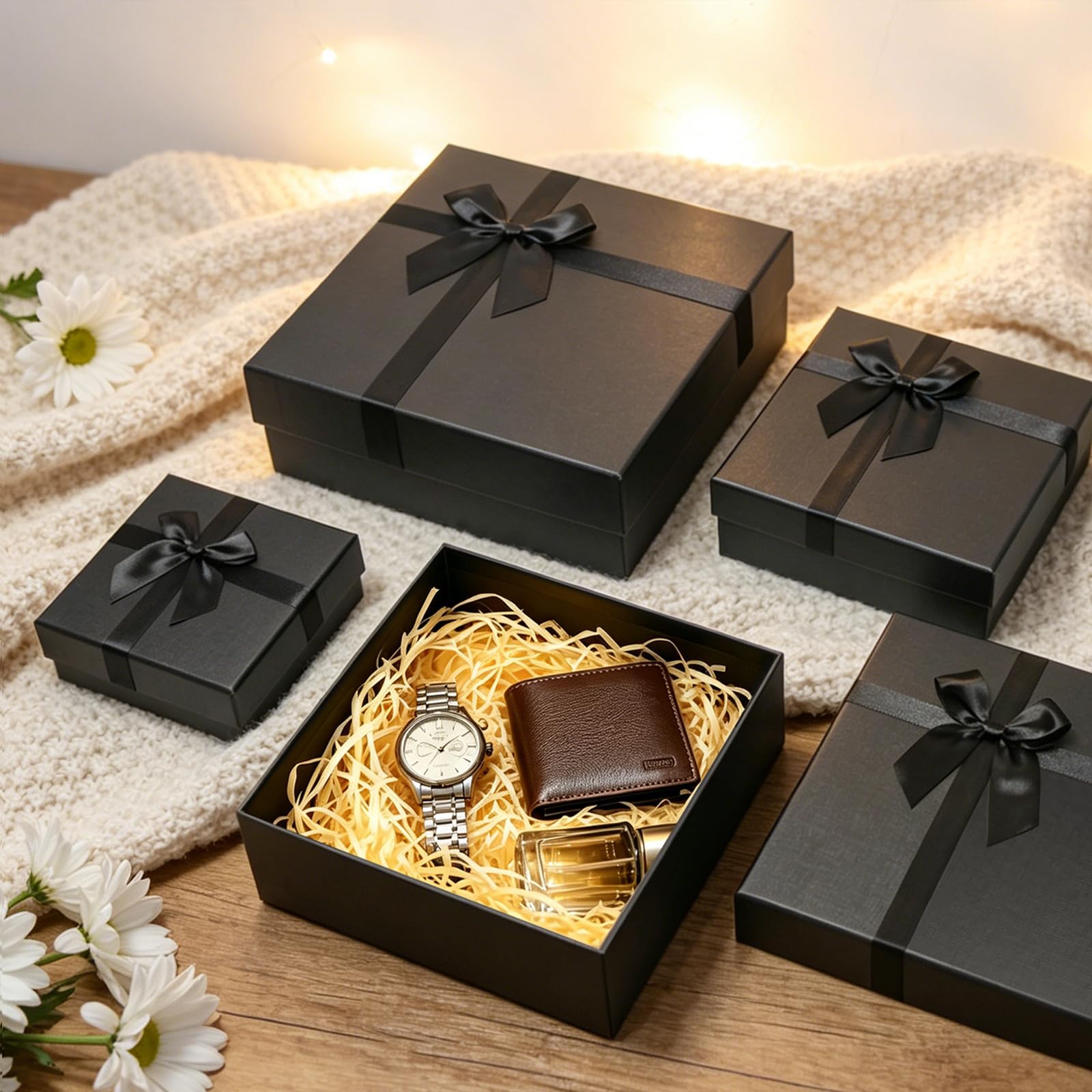 Giftilious Schwarze Geschenkboxen mit Deckel, 4 Stück, verschachtelte Geschenkpapierboxen für Geschenke, Luxus-Geschenkbox für Hochzeiten, Geburtstage, Jubiläen und alle Anlässe