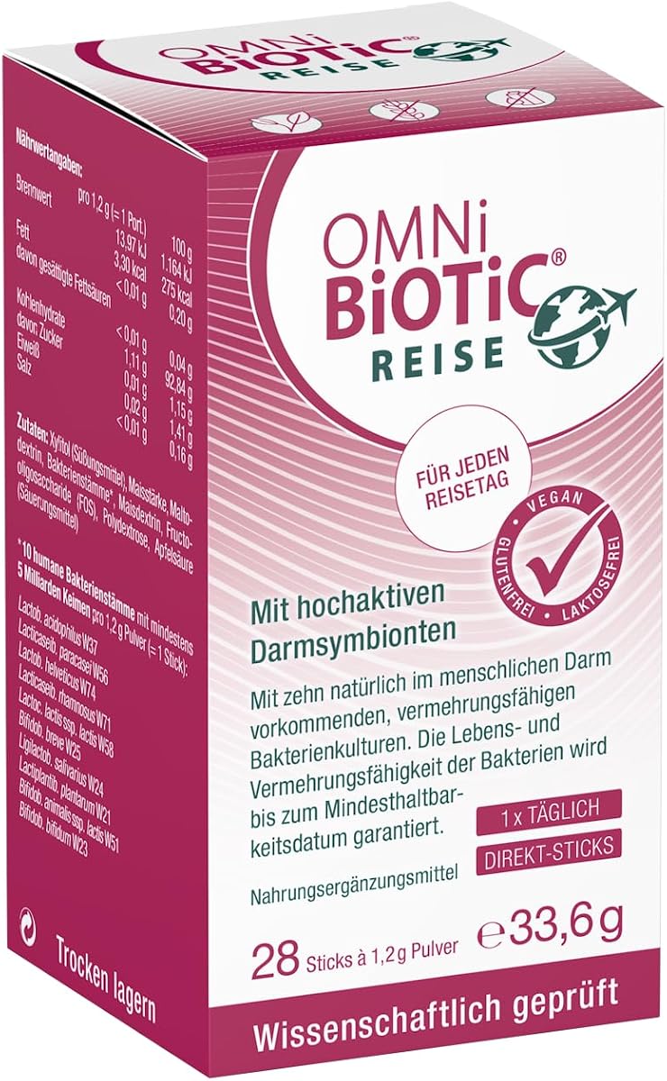OMNi BiOTiC REISE Direkt-Sticks | Reiselust statt Urlaubsfrust | 28 Sticks | Praktischer Stick, der direkt auf der Zunge zergeht | 10 Bakterienstämme | Vegan | Glutenfrei | Zur täglichen Anwendung