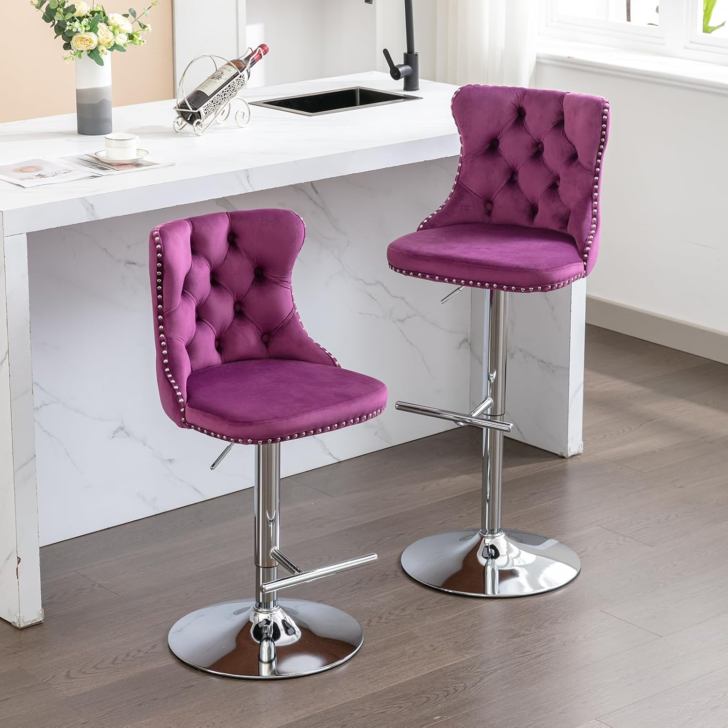 Modern Bar Stools Set of 4, Adjustable Height 25–33", Tufted Swivel Counter Height Chairs with Nailhead Trim, 360° Swivel, Velvet Barstools for Kitchen Island, Home Bar, Pub (Purple, Silver Base)