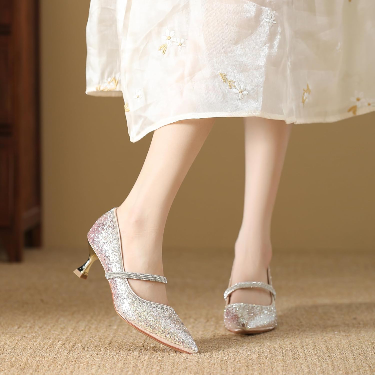 Women's Glitter Kitten Heel Pumps with Rhinestone Strap Stylish Pointed Toe Slip On Low Heel Mary Janes Sparkly Evening Banquet Date Bridal Dress Pump Shoes - Image 2
