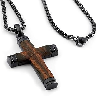 Co. Black Stainless Steel Cross Pendant, Real Santos Wood Free Necklace 24" Round Box Chain