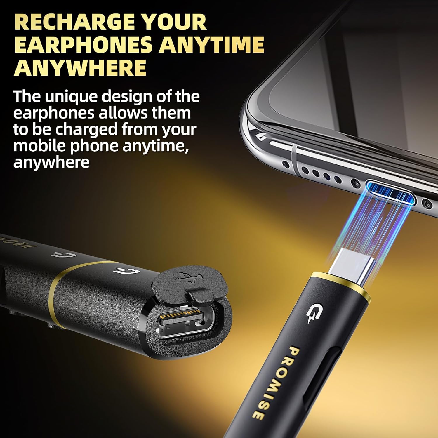 Promise A12 Neckband Bluetooth 5.4 Earbuds – Wireless Headphones with Built-in Type-C OTG Connector, 60H Playtime, Fast Charging, Noise Cancelling, Magnetic & Lightweight Around-The-Neck Fit (Gold)