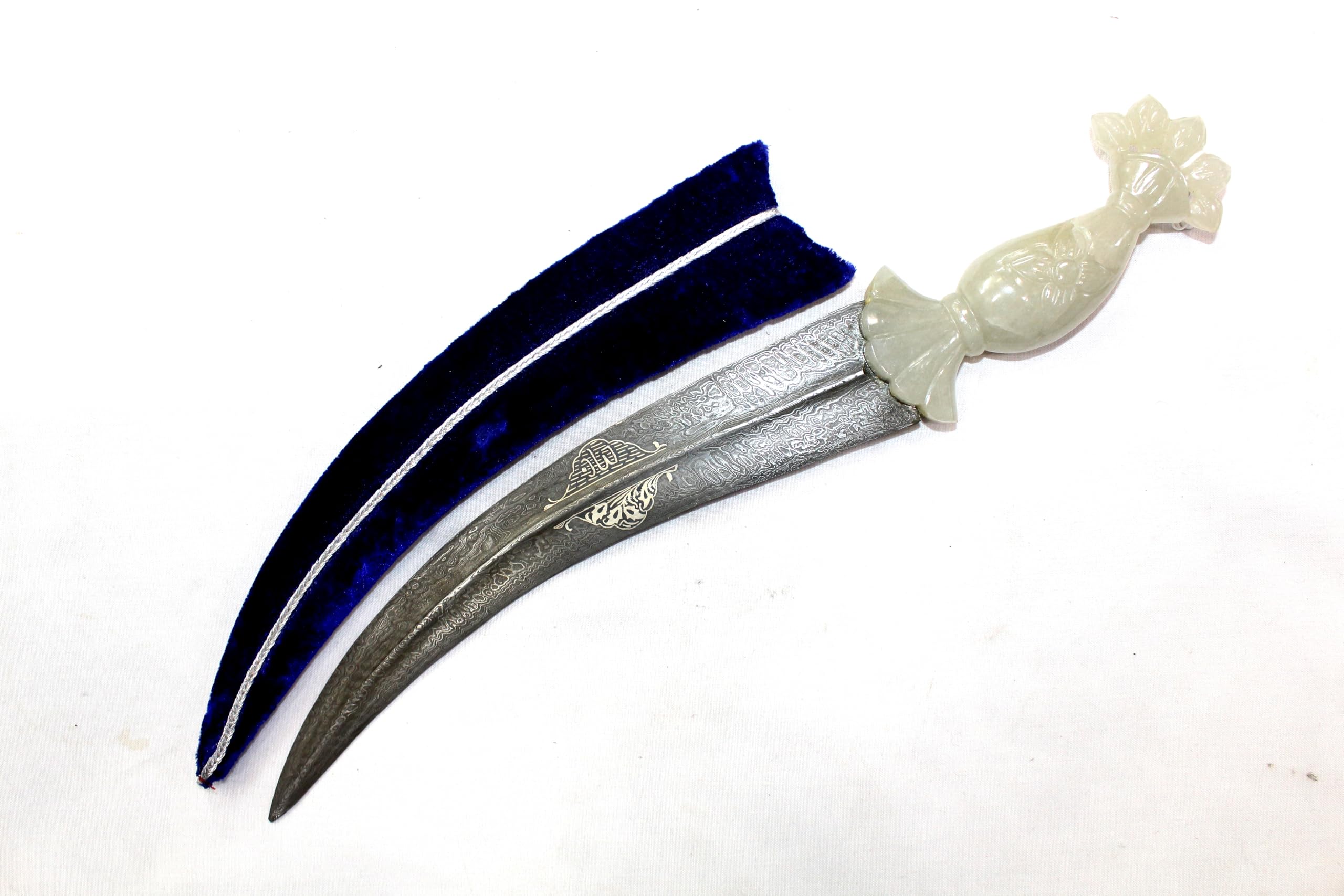 Rajasthan Gems Dagger Knife Damascus Steel Blade Silver Koftgari Natural Green Jade Handle E841