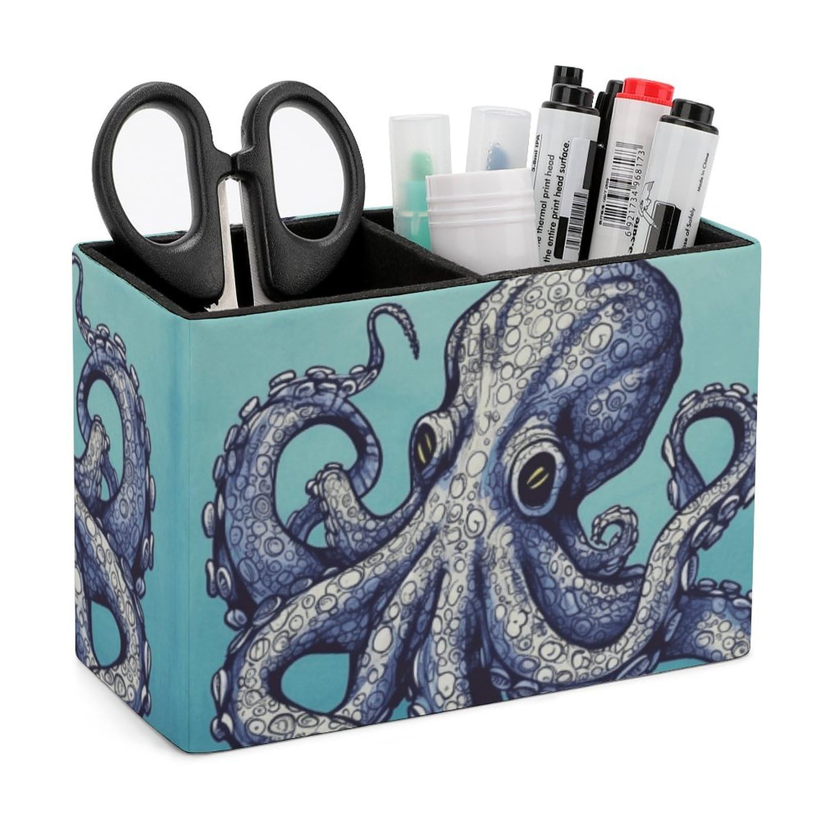 LZQPOEAS Exquisite Patterns PU Leather Pen Holder, Multifunctional Desktop Organizer Caddy with 2 Compartments, Octopus Design Pencil Cup Makeup Brush Holder for Office Home