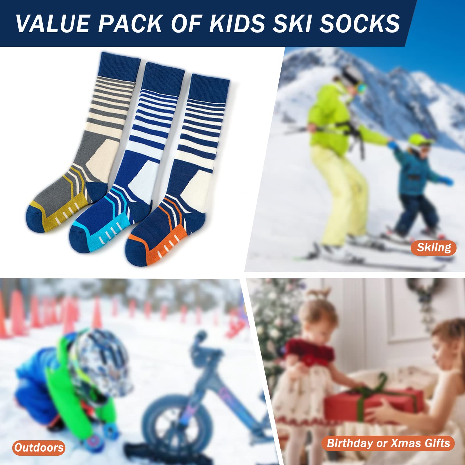 Calzini da sci invernali per bambini, calzini caldi per ragazzi, calzini lunghi, comodi, termici, confezione multipla, 3 paia