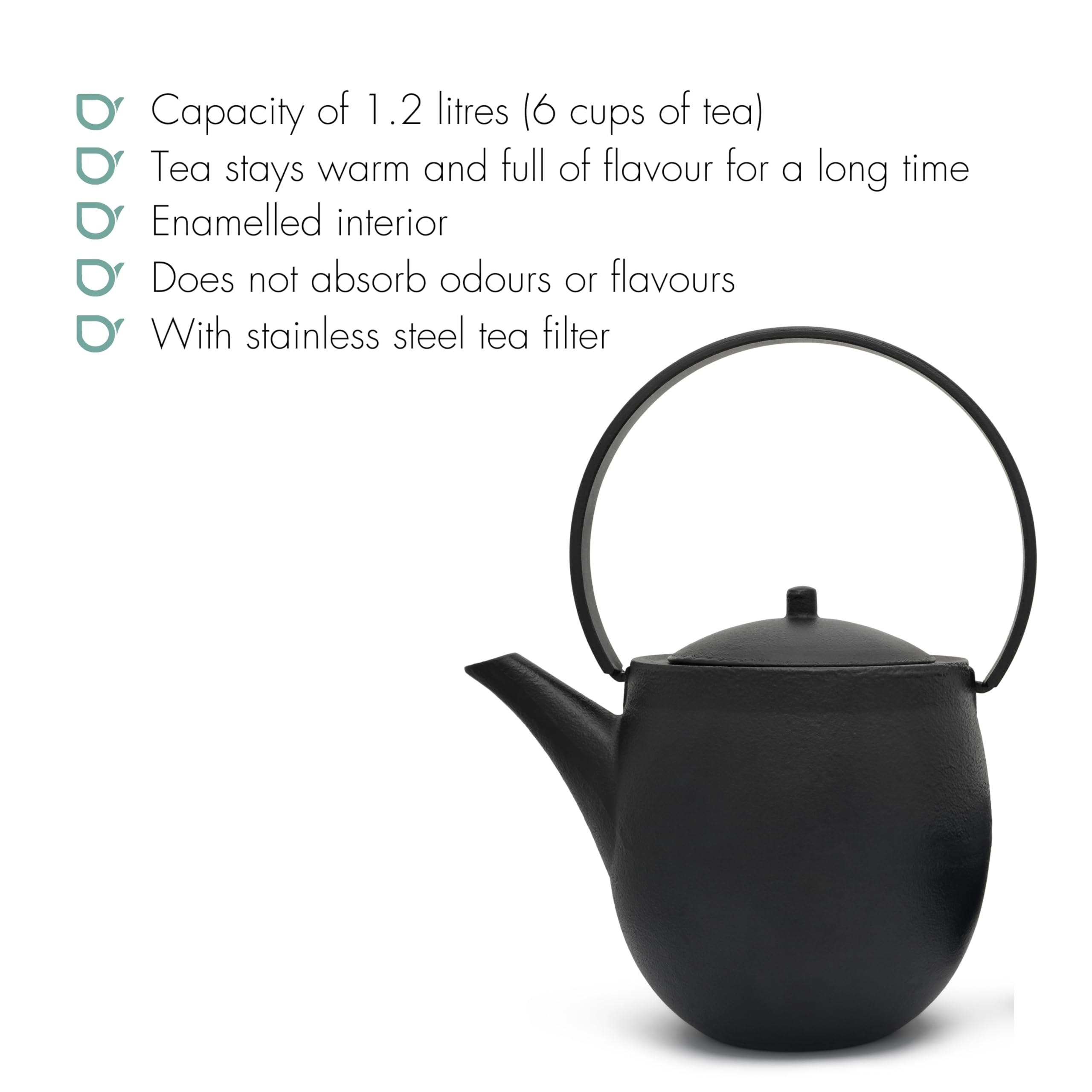 Bredemeijer Grande théière Asia en fonte noire à induction 1,2 l – Théière en fonte émaillée avec filtre à thé en acier inoxydable