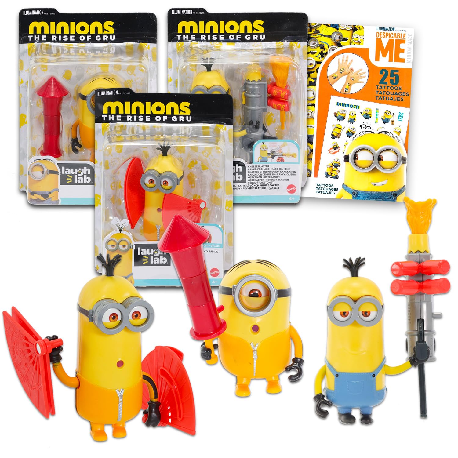 Minions Mini Action Figures - Bundle With 3 Despicable Me Figurines Plus Tattoos | Figurines for Kids, Boys, Girls