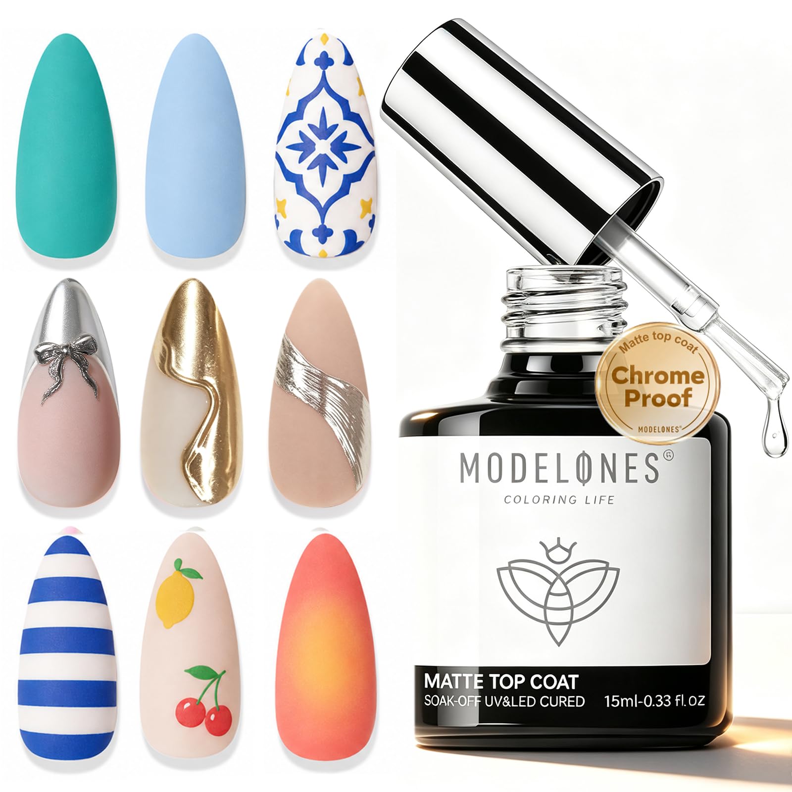 modelones Chrome Proof Matte Gel Top Coat 15 ML No Wipe Powder-Resist