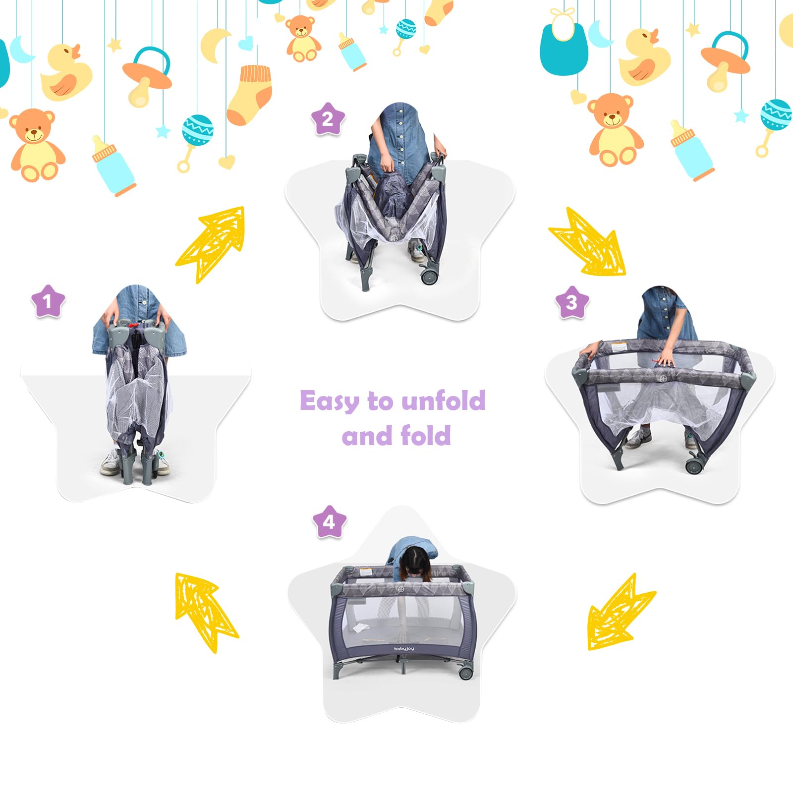 Maxmass 3 in 1 Baby Travel Cot, Foldable Bedside Crib with Changing Table, Hanging Toys, Wheel, Carry Bag, Infants Nursery Center Baby Cot Bed for 0-36 Months (Gray) — view 5