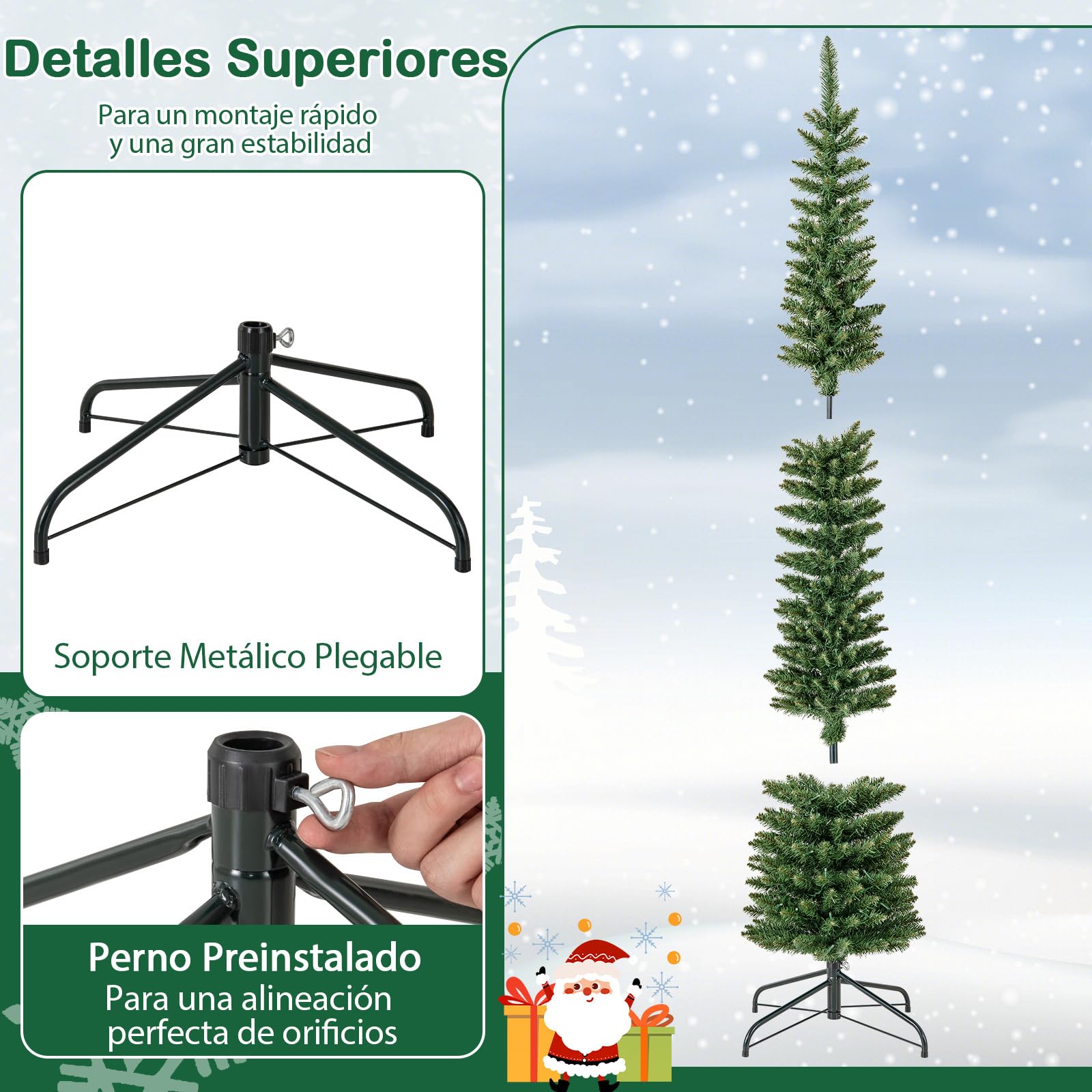 COSTWAY Arbol de Navidad con Luces Incorporadas 210 CM, Arbol de Navidad Slim/Estrecho, 499 Puntas, 200 Luces LED Blancas Cálidas, Arvore de Natal Casa Oficina Escuela Tienda
