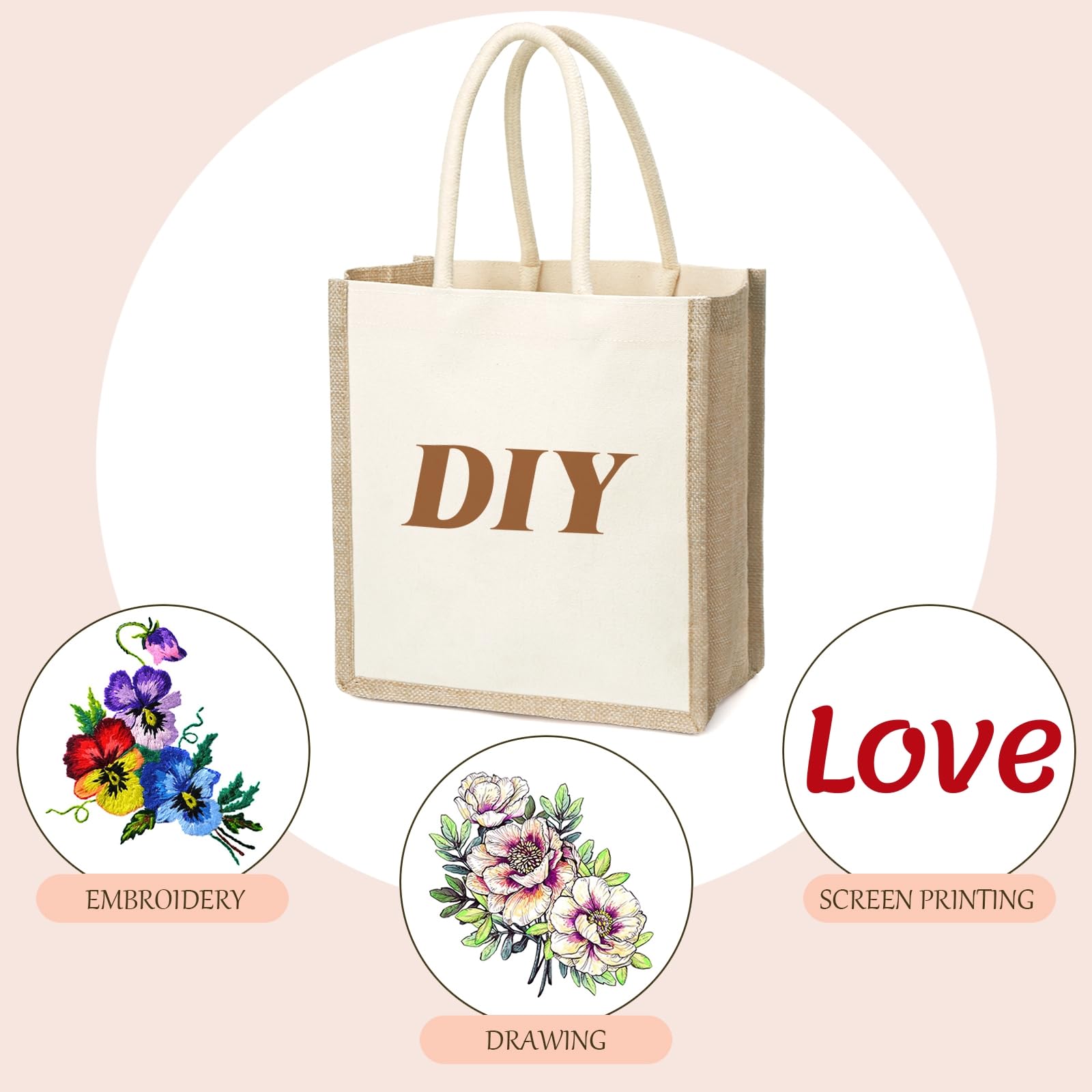 SOUJOY 6 Pack Burlap Tote Bags, Reusable Jute Gift Tote with Handles, Small Beach Bags, Canvas Grocery Shopping Tote for Bridesmaid, DIY, Shopping, Pool, Wedding Bag