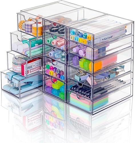 Organizador y almacenamiento de maquillaje acrílico, 7 cajones, 2 juegos, organizador de cajones de escritorio, transparente, cajones de