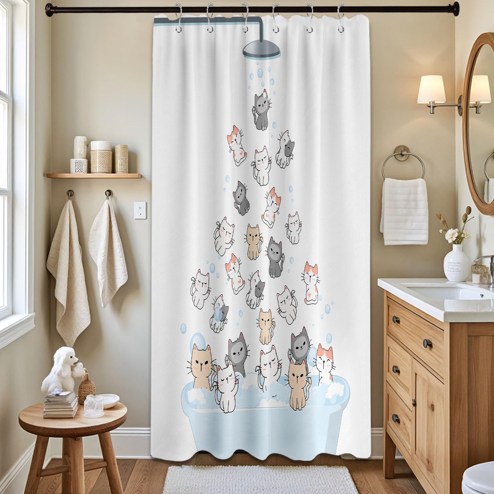 Tonmue Cute Cat Shower Curtain Kids Cartoon Bathroom Decor, Waterproof Cloth Fabric with Hooks 36" Wx72 L
