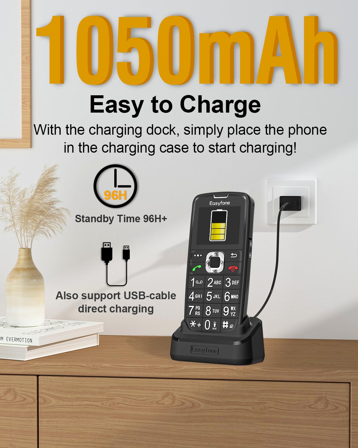 Easyfone Prime-A6 4G gsm Teléfono Móvil para Personas Mayores con Teclas Grandes y botón SOS, Fácil de Usar Móviles para Ancianos con Base cargadora (4G LTE)