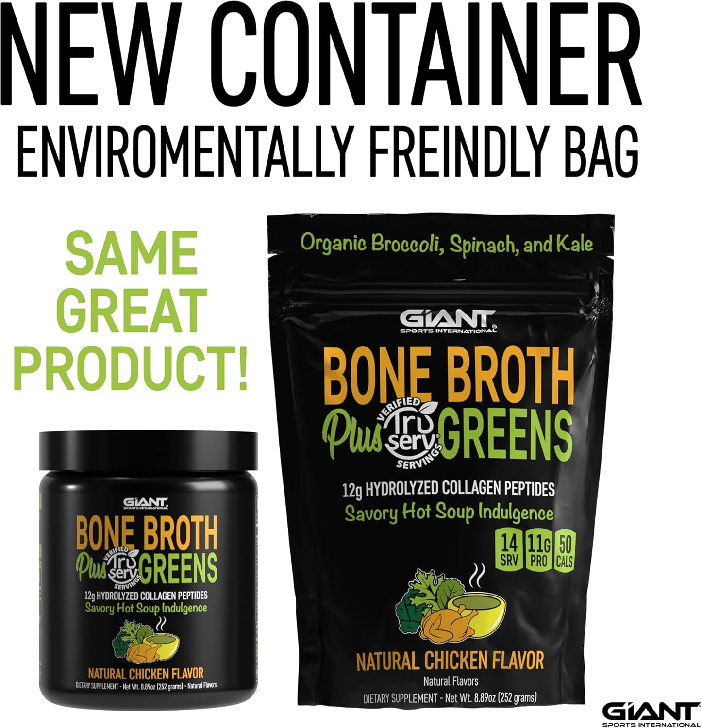 Giant Sports Bone Broth Collagen Plus Greens | Organic Super Greens Powder + Delicious Collagen Protein Powder Mix | Paleo and Keto Friendly | Natural Chicken Flavor 14 Servings