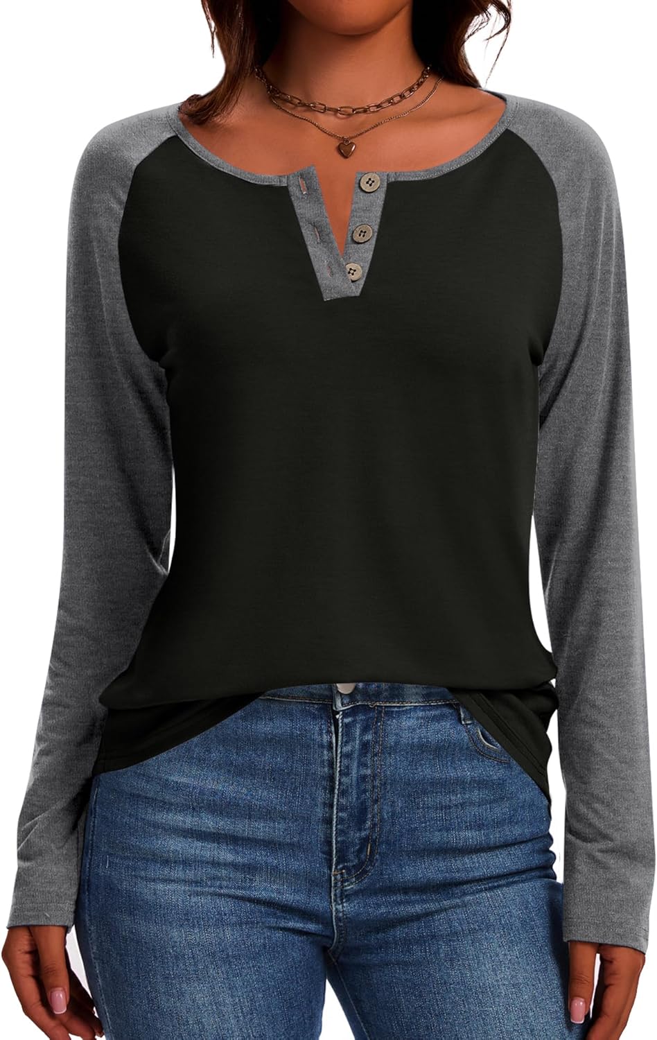 IECCP Long Sleeve Shirts for Women Casual Henley Tops Loose Fit Tshirt Dressy Color Block V Neck Button Womens Tunic Blouse - Image 5