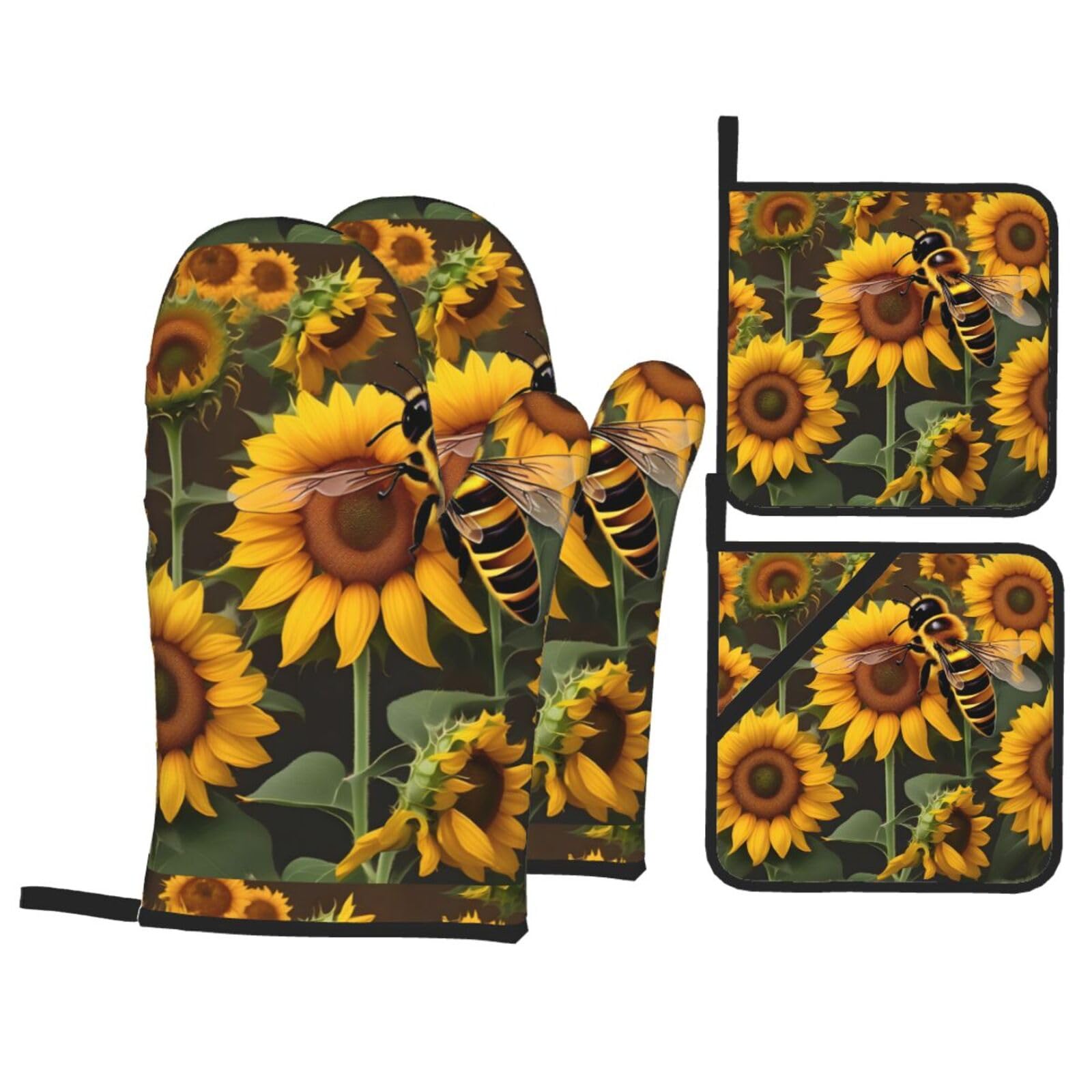 Bee & Sunflowers Print Kitchen Oven Mitts And Pot Holders Set,Hanging Loop Design For Cooking Baking Bbq